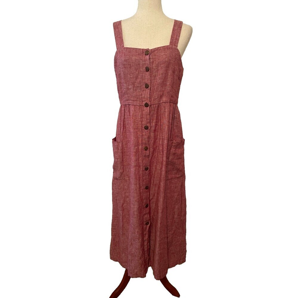 Rachel Zoe Women’s Dress Size 4 Red 100% Linen Button Front Midi Pockets Minimal